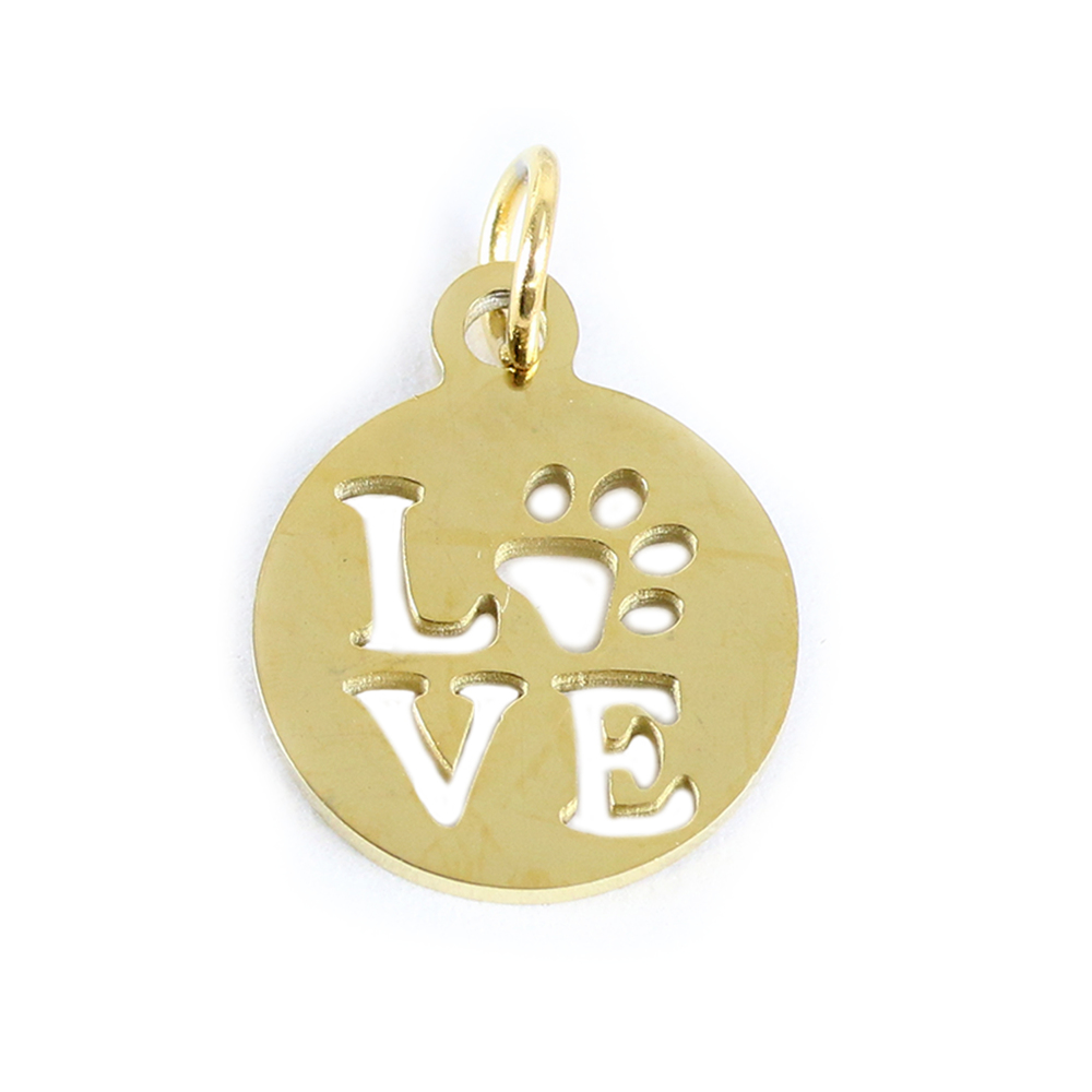 Charms & Solderable Accents Stainless Steel, Gold Plated, Circle with Love and Paw Cutout Charm, Pack of 3